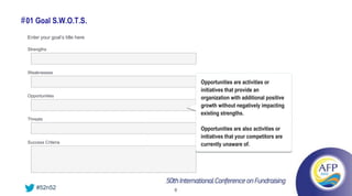 # 01 Goal S.W.O.T.S.
  Enter your goal’s title here

  Strengths




  Weaknesses

                                     Opportunities are activities or
                                     initiatives that provide an
  Opportunities
                                     organization with additional positive
                                     growth without negatively impacting
                                     existing strengths.
  Threats

                                     Opportunities are also activities or
                                     initiatives that your competitors are
  Success Criteria
                                     currently unaware of.




      #52n52                     8
 