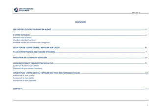 Mars 201 4 
1 
SOMMAIRE 
LES CHIFFRES CLES DU TOURISME EN ALSACE ...................................................................................................................................................................... 2 
L’OFFRE HOTELIERE ............................................................................................................................................................................................................. 3 
Nombre total d’hôtels 
Nombre total de chambres 
Nombre moyen de chambres par catégories 
SITUATION DE L’OFFRE DU POLE HOTELIER SUR LA CUS ........................................................................................................................................................ 6 
TAUX DE PENETRATION DES CHAINES INTEGREES ................................................................................................................................................................. 7 
EVOLUTION DE LA CAPACITE HOTELIERE .............................................................................................................................................................................. 8 
FREQUENTATION ET PRIX MOYENS SUR LA CUS ................................................................................................................................................................... 9 
Evolution du taux d’occupation 
Evolution du prix moyen chambres 
SITUATION DE L’OFFRE DU POLE HOTELIER DES TROIS ZONES GEOGRAPHIQUES ................................................................................................................... 13 
Analyse de la zone plaine 
Analyse de la zone vallée 
Analyse de la zone vignoble 
CONTACTS ........................................................................................................................................................................................................................... 22 
 