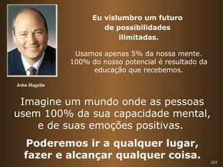 103 
John Hagelin 
Eu vislumbro um futuro 
de possibilidades 
ilimitadas. 
Usamos apenas 5% da nossa mente. 
100% do nosso potencial é resultado da 
educação que recebemos. 
Imagine um mundo onde as pessoas 
usem 100% da sua capacidade mental, 
e de suas emoções positivas. 
Poderemos ir a qualquer lugar, 
fazer e alcançar qualquer coisa. 
 