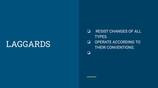 ❏ RESIST CHANGES OF ALL
TYPES.
❏ OPERATE ACCORDING TO
THEIR CONVENTIONS.
❏
LAGGARDS
 