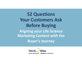 52 Questions 
Your Customers Ask 
Before Buying
Aligning your Life Science 
Marketing Content with the 
Buyer’s Journey
 