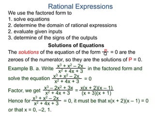 We use the factored form to
1. solve equations
2. determine the domain of rational expressions
2. evaluate given inputs
3. determine of the signs of the outputs
Solutions of Equations
Example B. a. Write in the factored form and
solve the equation
The solutions of the equation of the form = 0 are the
zeroes of the numerator, so they are the solutions of P = 0.
Rational Expressions
x3 + x2 – 2x
x2 + 4x + 3
x3 – 2x2 + 3x
x2 + 4x + 3
= x(x + 2)(x – 1)
(x + 3)(x + 1)
x3 + x2 – 2x
x2 + 4x + 3
= 0
Factor, we get
Hence for
x3 + x2 – 2x
x2 + 4x + 3
= 0, it must be that x(x + 2)(x – 1) = 0
or that x = 0, –2, 1.
P
Q
 