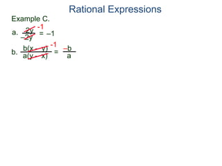 b(x – y)
a(y – x)
Example C.
2y
–2y
=
-1
–1
-1
= –b
a
a.
b.
Rational Expressions
 