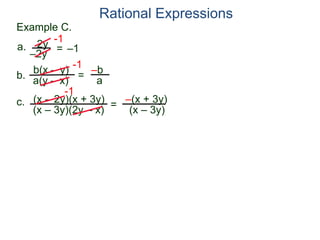 b(x – y)
a(y – x)
Example C.
2y
–2y
=
-1
–1
-1
= –b
a
a.
b.
Rational Expressions
(x – 2y)(x + 3y)
(x – 3y)(2y – x)
c.
-1
=
–(x + 3y)
(x – 3y)
 