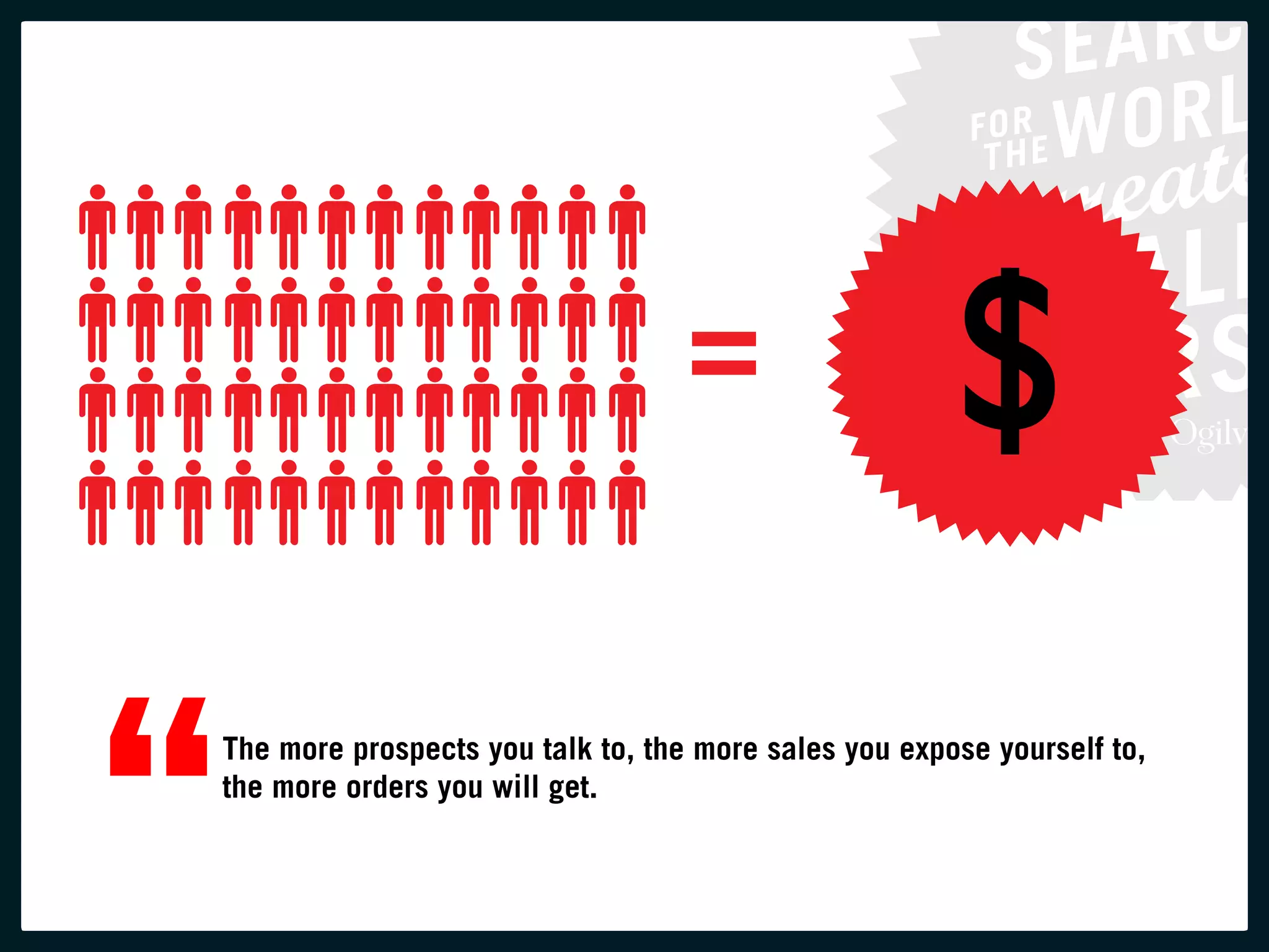 =



“   the more prospects you talk to, the more sales you expose yourself to,
    the more orders you will get.
 