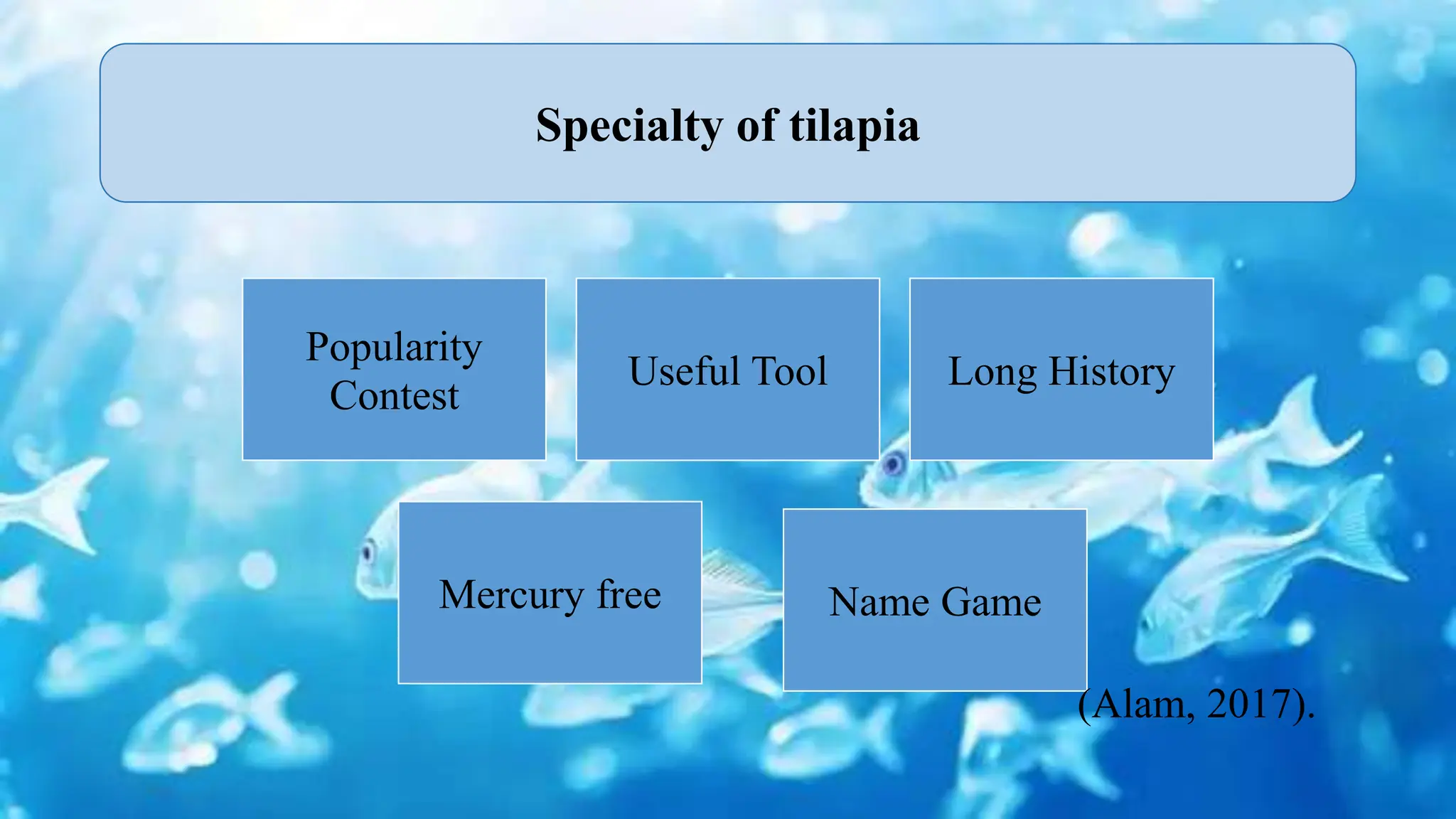 Specialty of tilapia
Popularity
Contest
Useful Tool Long History
Mercury free Name Game
(Alam, 2017).
 