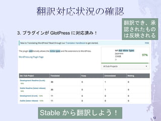 3. プラグインが GlotPress に対応済み！
Stable から翻訳しよう！
翻訳でき、承
認されたもの
は反映される
12
 