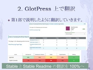  第１部で説明したように翻訳していきます。
Stable と Stable Readme の翻訳を 100%へ 23
 