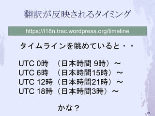 UTC 0時 （日本時間 9時）〜
UTC 6時 （日本時間15時）〜
UTC 12時（日本時間21時）〜
UTC 18時（日本時間3時）〜
https://i18n.trac.wordpress.org/timeline
タイムラインを眺めていると・・
かな？ 27
 