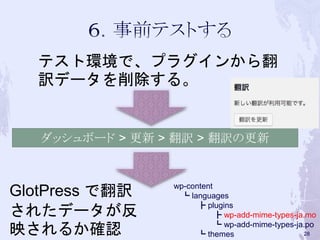 ダッシュボード > 更新 > 翻訳 > 翻訳の更新
テスト環境で、プラグインから翻
訳データを削除する。
GlotPress で翻訳
されたデータが反
映されるか確認
wp-content
┗ languages
┣ plugins
┣ wp-add-mime-types-ja.mo
┗ wp-add-mime-types-ja.po
┗ themes 28
 