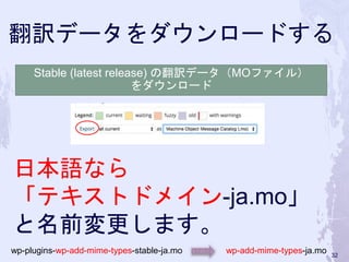翻訳データをダウンロードする
日本語なら
「テキストドメイン-ja.mo」
と名前変更します。
Stable (latest release) の翻訳データ（MOファイル）
をダウンロード
wp-plugins-wp-add-mime-types-stable-ja.mo wp-add-mime-types-ja.mo 32
 