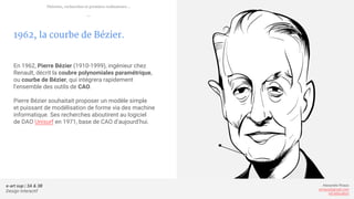 e-art sup | 3A & 3B
Design Interactif
Alexandre Rivaux
arivaux@gmail.com
ixd.education
1962, la courbe de Bézier.
En 1962, Pierre Bézier (1910-1999), ingénieur chez
Renault, décrit la coubre polynomiales paramétrique,
ou courbe de Bézier, qui intégrera rapidement
l’ensemble des outils de CAO.
Pierre Bézier souhaitait proposer un modèle simple
et puissant de modélisation de forme via des machine
informatique. Ses recherches aboutirent au logiciel
de DAO Unisurf en 1971, base de CAO d’aujourd’hui.
Théories, recherches et premiers ordinateurs...
—
 