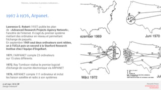 e-art sup | 3A & 3B
Design Interactif
Alexandre Rivaux
arivaux@gmail.com
ixd.education
1967 à 1976, Arpanet.
Lawrence G. Robert (1937) publie les plan
de «Advanced Research Projects Agency Network»,
l’ancêtre de l’internet. Il s’agit du premier système
mettant des ordinateur en réseau et permettant
l’échange de paquets.
En septembre 1969 seul deux ordinateurs sont reliées,
un à l’UCLA puis un second à la Stanford Research
Institue chez l’équipe d’Engelbart.
1971, l’ARPANET compte 23 ordinateurs
sur 15 sites différents.
1972, Ray Tomlison réalise le premier logiciel
d’échange de courrier électronique via ARPANET
1976, ARPANET compte 111 ordinateur et inclut
les liaison satellite et radio à son systèmes
Théories, recherches et premiers ordinateurs...
—
 