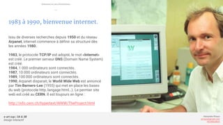 e-art sup | 3A & 3B
Design Interactif
Alexandre Rivaux
arivaux@gmail.com
ixd.education
1983 à 1990, bienvenue internet.
Issu de diverses recherches depuis 1950 et du réseau
Arpanet, internet commence à définir sa structure dès
les années 1980.
1983, le protocole TCP/IP est adopté, le mot «Internet»
est créé. Le premier serveur DNS (Domain Name System)
est créé.
1984, 1 000 ordinateurs sont connectés.
1987, 10 000 ordinateurs sont connectés.
1989, 100 000 ordinateurs sont connectés.
1990, Arpanet disparait, le World Wide Web est annoncé
par Tim Berners-Lee (1955) qui met en place les bases
du web (protocole http, langage html…). Le permier site
web est créé au CERN. Il est toujours en ligne :
http://info.cern.ch/hypertext/WWW/TheProject.html
Internet et ses évolutions
—
 