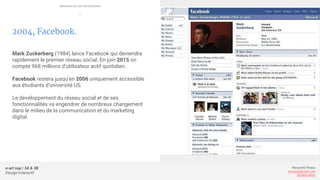 e-art sup | 3A & 3B
Design Interactif
Alexandre Rivaux
arivaux@gmail.com
ixd.education
2004, Facebook.
Mark Zuckerberg (1984) lance Facebook qui deviendra
rapidement le premier réseau social. En juin 2015 on
compte 968 millions d’utilisateur actif quotidien.
Facebook restera jusqu’en 2006 uniquement accessible
aux étudiants d’université US.
Le developpement du réseau social et de ses
fonctionnalités va engendrer de nombreux changement
dans le milieu de la communication et du marketing
digital.
Internet et ses évolutions
—
 