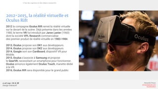 e-art sup | 3A & 3B
Design Interactif
Alexandre Rivaux
arivaux@gmail.com
ixd.education
2012-2015, la réalité virtuelle et
Oculus Rift
2012 la compagnie Oculus Rift remet la réalité virtuelle
sur le devant de la scène. Déjà présente dans les années
1980, le terme VR fut introduit par Jaron Lanier (1960)
dont la société VPL Research commercialise
des premier produit de réalité virtuelle en 1983-1984.
2013, Oculus propose son DK1 aux developpeurs.
2014, Oculus propose son DK2 aux developpeurs.
2014, Google sort son Cardboard, dispositif VR pour
Mobile.
2015, Oculus s’associe à Samsung et propose
le GearVR, necessitant un smartphone pour fonctionner.
Oculus annonce également Oculus Touch, manette dédié
à la VR.
2016, Oculus Rift sera disponible pour le grand public
L’ère des capteurs et des objets connectés
—
 