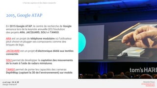 e-art sup | 3A & 3B
Design Interactif
Alexandre Rivaux
arivaux@gmail.com
ixd.education
2015, Google ATAP
En 2015 Google ATAP, le centre de recherche de Google
annonce lors de la keynote annuelle (IO) l’évolution
des projets ARA, JACQUARD, SOLI et TANGO.
ARA est un projet de téléphone modulaire où l’utilisateur
peut choisir et plugger ses composants comme des
briques de lego.
JACQUARD est un projet d’electronique dédié aux textiles
connectés.
SOLI permet de developper la captation des mouvements
de la main à l’aide de radars miniatures.
TANGO permet de porter les capacités des cameras
DepthMap (captant la 3D de l’environnement) sur mobile.
L’ère des capteurs et des objets connectés
—
 