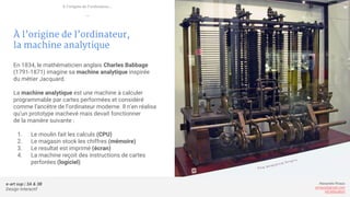 e-art sup | 3A & 3B
Design Interactif
Alexandre Rivaux
arivaux@gmail.com
ixd.education
À l’origine de l’ordinateur,
la machine analytique
En 1834, le mathématicien anglais Charles Babbage
(1791-1871) imagine sa machine analytique inspirée
du métier Jacquard.
La machine analytique est une machine à calculer
programmable par cartes performées et considéré
comme l’ancêtre de l’ordinateur moderne. Il n’en réalisa
qu’un prototype inachevé mais devait fonctionner
de la manière suivante :
1. Le moulin fait les calculs (CPU)
2. Le magasin stock les chiffres (mémoire)
3. Le resultat est imprimé (écran)
4. La machine reçoit des instructions de cartes
perforées (logiciel)
À l’origine de l’ordinateur...
—
 