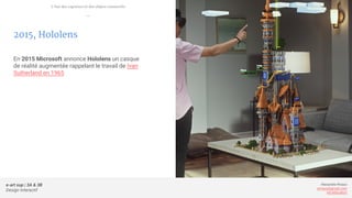 e-art sup | 3A & 3B
Design Interactif
Alexandre Rivaux
arivaux@gmail.com
ixd.education
2015, Hololens
En 2015 Microsoft annonce Hololens un casque
de réalité augmentée rappelant le travail de Ivan
Sutherland en 1965
L’ère des capteurs et des objets connectés
—
 