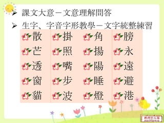  課文大意－文意理解問答
 生字、字音字形教學－文字統整練習
掛
照
嘴
步
波
散
芒
透
窗
貓
角
揚
陽
睡
燈
膀
永
遠
避
港
 