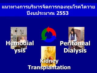 แนวทางการบริหารจัดการกองทุนโรคไตวายปีงบประมาณ  2553   Kidney Transplantation Hemodialysis Peritoneal Dialysis 