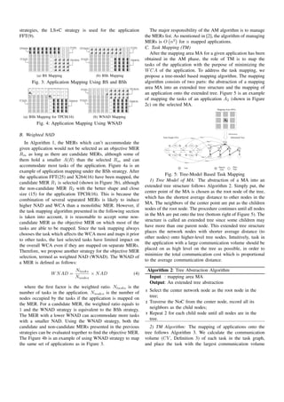 strategies, the LS+C strategy is used for the application           The major responsibility of the AM algorithm is to manage
FFT(9).                                                          the MERs list. As mentioned in [2], the algorithm of managing
                                                                 MERs is O n2 for n mapped applications.
                                                                 C. Task Mapping (TM)
                                                                    After the mapping area MA for a given application has been
                                                                 obtained in the AM phase, the role of TM is to map the
                                                                 tasks of the application with the purpose of minimizing the
                                                                 W CA of the application. To address the task mapping, we
         (a) BS Mapping                  (b) BSh Mapping         propose a tree-model based mapping algorithm. The mapping
      Fig. 3: Application Mapping Using BS and BSh               algorithm consists of two parts: the abstraction of a mapping
                                                                 area MA into an extended tree structure and the mapping of
                                                                 an application onto the extended tree. Figure 5 is an example
                                                                 of mapping the tasks of an application A2 (shown in Figure
                                                                 2c) on the selected MA.
                                                                                                                                                              Mapping Area (MA)


  (a) BSh Mapping for TPCH(16)          (b) WNAD Mapping
                                                                                                                                                                    A2
         Fig. 4: Application Mapping Using WNAD

B. Weighted NAD                                                             Task Graph (TG)                                       Step 1
                                                                                                                                                                         Abstraction
                                                                                                                                                                           Abstracted Tree
                                                                                                                  Step 2


   In Algorithm 1, the MERs which can’t accommodate the                                 T2    80                           10
                                                                                                                                               Step 4

                                                                                                                                                Step 3
                                                                                                                                                                    T4
                                                                                  20                     30       T5
given application would not be selected as an objective MER                  T1                    T4                            T7
                                                                                                                                                  T2           T7        T6            T3
                                                                                       20                        60
Rm as long as there are candidate MERs, although some of                          30
                                                                                        T3
                                                                                                        40
                                                                                                                  T6        20




                                                                                             50
                                                                                                                                      Step 7      T1           T5
them hold a smaller A(R) than the selected Rm and can                                                   Step 6
                                                                                                                                           Step 5


accommodate most tasks of the application. Figure 4a is an                                    Tx    Task                                                 Tx
                                                                                                                                                               Mapped         Spare
                                                                                                                                                                Node          Node
example of application mapping under the BSh strategy. After
                                                                            Fig. 5: Tree-Model Based Task Mapping
the application FFT(25) and X264(16) have been mapped, the
                                                                    1) Tree Model of MA: The abstraction of a MA into an
candidate MER R1 is selected (shown in Figure 3b), although
                                                                 extended tree structure follows Algorithm 2. Simply put, the
the non-candidate MER R2 with the better shape and close
                                                                 center point of the MA is chosen as the root node of the tree,
size (15) for the application TPCH(16). This is because the
                                                                 which has the shortest average distance to other nodes in the
combination of several separated MERs is likely to induce
                                                                 MA. The neighbors of the center point are put as the children
higher NAD and WCA than a monolithic MER. However, if
                                                                 nodes of the root node. The procedure continues until all nodes
the task mapping algorithm presented in the following section
                                                                 in the MA are put onto the tree (bottom right of Figure 5). The
is taken into account, it is reasonable to accept some non-
                                                                 structure is called an extended tree since some children may
candidate MER as the objective MER on which most of the
                                                                 have more than one parent node. This extended tree structure
tasks are able to be mapped. Since the task mapping always
                                                                 places the network nodes with shorter average distance (to
chooses the task which affects the WCA most and maps it prior
                                                                 other nodes) onto higher-level tree nodes. Intuitively, task in
to other tasks, the last selected tasks have limited impact on
                                                                 the application with a large communication volume should be
the overall WCA even if they are mapped on separate MERs.
                                                                 placed on as high level on the tree as possible, in order to
Therefore, we propose another strategy for the objective MER
                                                                 minimize the total communication cost which is proportional
selection, termed as weighted NAD (WNAD). The WNAD of
                                                                 to the average communication distance.
a MER is deﬁned as follows:
                                 Ntasks                           Algorithm 2: Tree Abstraction Algorithm
                 W N AD =               × N AD             (4)
                                 Nnodes                            Input : mapping area MA
                                                                   Output: An extended tree abstraction
   where the ﬁrst factor is the weighted ratio. Ntasks is the
number of tasks in the application. Nnodes is the number of      1   Select the center network node as the root node in the
nodes occupied by the tasks if the application is mapped on          tree;
the MER. For a candidate MER, the weighted ratio equals to       2   Traverse the NoC from the center node, record all its
1 and the WNAD strategy is equivalent to the BSh strategy.           neighbors as the child nodes;
The MER with a lower WNAD can accommodate more tasks             3   Repeat 2 for each child node until all nodes are in the
with a smaller NAD. Using the WNAD strategy, both the                tree.
candidate and non-candidate MERs presented in the previous          2) TM Algorithm: The mapping of applications onto the
strategies can be evaluated together to ﬁnd the objective MER.   tree follows Algorithm 3. We calculate the communication
The Figure 4b is an example of using WNAD strategy to map        volume (CV , Deﬁnition 3) of each task in the task graph,
the same set of applications as in Figure 3.                     and place the task with the largest communication volume
 