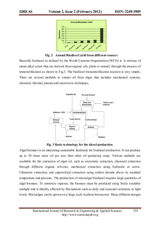 IJREAS                 Volume 2, Issue 2 (February 2012)                   ISSN: 2249-3905




                    Fig. 2 Annual Biodiesel yield from different sources
Basically biodiesel as defined by the World Customs Organization (WCO) is “a mixture of
mono-alkyl esters that are derived from organic oils, plant or animal, through the process of
tranesterification as shown in Fig.3. The biodiesel transesterification reaction is very simple.
There are several methods to extract oil from algae that includes mechanical systems,
chemical, thermal, plasma and microwave techniques.




                     Fig. 3 Basic technology for bio diesel production.
Algal biomass is an interesting sustainable feedstock for biodiesel production. It can produce
up to 30 times more oil per acre than other oil producing crops. Various methods are
available for the extraction of algal oil, such as enzymatic extraction, chemical extraction
through different organic solvents, mechanical extraction using hydraulic or screw,
Ultrasonic extraction, and supercritical extraction using carbon dioxide above its standard
temperature and pressure. The production of microalgal biodiesel requires large quantities of
algal biomass. To minimize expense, the biomass must be produced using freely available
sunlight and is thereby affected by fluctuations such as daily and seasonal variations in light
levels. Microalgae can be grown on a large scale in photo bioreactors. Many different designs




          International Journal of Research in Engineering & Applied Sciences             535
                                 http://www.euroasiapub.org
 