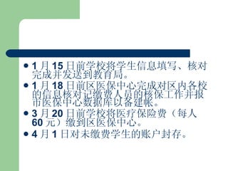 1 月 15 日前学校将学生信息填写、核对完成并发送到教育局。 1 月 18 日前区医保中心完成对区内各校的信息核对记缴费人员的核保工作并报市医保中心数据库以备建帐。 3 月 20 日前学校将医疗保险费（每人 60 元）缴到区医保中心。 4 月 1 日对未缴费学生的账户封存。 