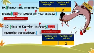 19. Πάντων ἐστίνἀνιαρότατον, ὦἄνδρες 
δικασταί, ἐάντις ἐχθρούςἔχῃτούς ἀδελφούς. Προτάσειςκατά παράταξηΠροτάσεις καθ’ υπόταξηχ 
20. ΝαῦςοἱΚορίνθιοι ἐπλήρουν, ὅπως 
ναυμαχίας ἀποπειράσωσι. Προτάσειςκατά παράταξηΠροτάσεις καθ’ υπόταξηχΡΡ 
υποθετικός σύνδεσμος[ ]() ΡΡ 
τελικός σύνδεσμος[]( )  