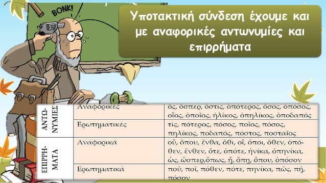 Υποτακτική σύνδεση έχουμε και με αναφορικές αντωνυμίες και επιρρήματα  