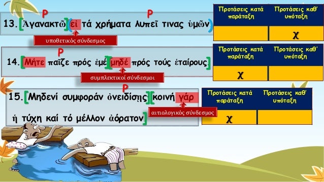 16. Ἡγεωργία πολλά διδάσκει καίπολλά φέρει. 
17. Οὔτεἄρχομενπολέμου οὔτετάςσπονδάςλύομεν. 
18. Φαλῖνοςἐγέλασεκαίεἶπε.  