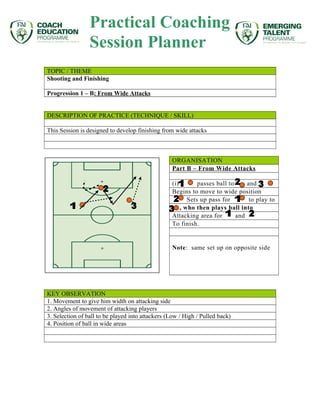 TOPIC / THEME
Shooting and Finishing
Progression 1 – B: From Wide Attacks
DESCRIPTION OF PRACTICE (TECHNIQUE / SKILL)
This Session is designed to develop finishing from wide attacks
ORGANISATION
Part B – From Wide Attacks
(i) passes ball to and
Begins to move to wide position
Sets up pass for to play to
, who then plays ball into
Attacking area for and
To finish.
Note: same set up on opposite side
KEY OBSERVATION
1. Movement to give him width on attacking side
2. Angles of movement of attacking players
3. Selection of ball to be played into attackers (Low / High / Pulled back)
4. Position of ball in wide areas
Practical Coaching
Session Planner
 
