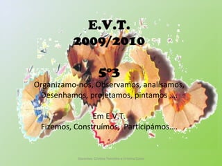 E.V.T. 2009/2010 5º3 Organizamo-nos, Observamos, analisamos, Desenhamos, projetamos, pintamos …. Em E.V.T. Fizemos, Construímos,  Participámos…. Docentes: Cristina Tenrinho e Cristina Costa 