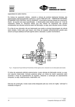 capacidade de vazão máxima.
Os índices de vazamento obtidos, estando a válvula de controle totalmente fechada, são
padronizados internacionalmente conforme a norma ANSI B16.104 - "AMERICAN NATIONAL
STANDARD FOR CONTROL VALVE LEAKAGE" a qual define diversas classes de vazamento.
Assim, de acordo com essa especificação, a válvula globo sede simples possui um nível de
vazamento Classe IV. Devemos alertar que tais índices de vazamento são sempre
considerados nas válvulas conforme saem de fabricação, ou seja, para válvulas novas e limpas.
É no fato do seu obturador não ser balanceado que reside a principal desvantagem da válvula
sede simples, motivo pelo qual requer uma força de atuação suficientemente grande para
vencer as forças estáticas de fluido agindo sobre o obturador, e poder movimentá-lo.
Fig. 2. - Atuação das Forças Dinâmicas Provenientes do fluido agindo contra o obturador de uma válvula globo sede simples.
O índice de vazamento definido anteriormente, é para válvulas de fabricação normal, ou suja,
com assunto metal-metal. Contudo podemos atingir um índice de menor vazamento (sem
aumentar a força de assentamento do atuador), utilizando a construção de assentamento
composto, ou seja, metal-borracha, metal-teflon, etc.
Este tipo de construção, muitas vezes ainda designado pelo seu nome em inglês, “soft-seat” é
mostrado na figura 3.
_____________________________________________________________________________
CST
10 Companhia Siderúrgica de Tubarão
__________________________________________________________________________________________
 