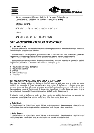 Sabendo-se que o diâmetro da linha é 1”e que o Schedule da
tubulação é 80, obtemos na tabela 63, SPLA = 17 (dbA)
f) Cálculo de SPL
SPL = SPLQ + SPLP + SPLE + SPLG + SPLA =
Então:
SPL = 23 + 85 + 23 + (-1) - 17 = 113 (dbA)
8)ATUADORES PARA VÁLVULAS DE CONTROLE
8.1) INTRODUÇÃO
O atuador constitui-se no elemento responsável em proporcionar a necessária força motriz ao
funcionamento da válvula de controle.
O atuador em si, é um dispositivo que em resposta ao sinal enviado pelo controlador, produz a
força motriz necessária para movimentar o elemento vedante da válvula de controle.
O atuador utilizado em aplicações de controle modulado, baseado no meio de produção de sua
força motriz, classifica-se basicamente em cinco principais tipos:
1) Pneumático à mola ou diafragma;
2) Pneumático à pistão;
3) Elétrico;
4) Elétrico-hidraúlico e
5) Hidraúlico
8.2) ATUADOR PNEUMÁTICO TIPO MOLA E DIAFRAGMA
Este tipo de atuador utiliza um diafragma flexível, sobre o qual age uma pressão de carga
variável em oposição à força produzida por uma mola. O diafragma é alojado entre dois
tampos, formando duas câmaras, uma das quais totalmente estanque, por onde entra o sinal
da pressão de carga. A força motriz é obtida pelo produto da pressão de carga, que é o sinal
proveniente do controlador ou do posicionador, pela área útil do diafragma.
O atuador mola e diafragma pode ter dois modos de ação, dependendo da posição de
segurança requerida pelo processo na falha ou falta da pressão de carga :
a) Ação Direta
Conforme mostra a figura 64.a, neste tipo de ação o aumento da pressão de carga sobre o
diafragma empurra a haste para baixo, enquanto a mola força a haste para cima.
b) Ação Reversa
Conforme mostra a figura 64.b, neste tipo de ação o aumento da pressão de carga sobre o
diafragma puxa a haste para cima, enquanto a mola força a haste para cima
_____________________________________________________________________________
CST
100 Companhia Siderúrgica de Tubarão
__________________________________________________________________________________________
 