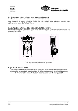 8.3.1) ATUADOR À PISTÃO COM DESLOCAMENTO LINEAR
São atuadores à pistão, conforme figura 66a, concebidos para operarem válvulas com
deslocamento linear. Ex: Válvula Globo.
8.3.2) ATUADOR À PISTÃO COM DESLOCAMENTO ROTATIVO
São atuadores à pistão, conforme figura 66.b, concebidos para operarem válvula rotativas. Ex:
Válvulas borboletas.
Fig.66 – Atuadores pneumáticos tipo pistão
8.4) ATUADOR ELÉTRICO
Os atuadores elétricos consistem de um motor com um conjunto de engrenagens, que
disponibiliza uma elevada faixa de torque de saída, para operação tanto de válvulas com
deslocamento linear quanto de deslocamento rotativo, conforme figuras 67.
_____________________________________________________________________________
CST
102 Companhia Siderúrgica de Tubarão
__________________________________________________________________________________________
 
