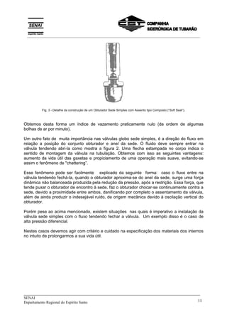 _____________________________________________________________________________
SENAI
Departamento Regional do Espírito Santo 11
Fig. 3 - Detalhe da construção de um Obturador Sede Simples com Assento tipo Composto (“Soft Seat”).
Obtemos desta forma um índice de vazamento praticamente nulo (da ordem de algumas
bolhas de ar por minuto).
Um outro fato de muita importância nas válvulas globo sede simples, é a direção do fluxo em
relação a posição do conjunto obturador e anel da sede. O fluido deve sempre entrar na
válvula tendendo abri-la como mostra a figura 2. Uma flecha estampada no corpo indica o
sentido de montagem da válvula na tubulação. Obtemos com isso as seguintes vantagens:
aumento da vida útil das gaxetas e propiciamento de uma operação mais suave, evitando-se
assim o fenômeno de "chattering”.
Esse fenômeno pode ser facilmente explicado da seguinte forma: caso o fluxo entre na
válvula tendendo fechá-la, quando o obturador aproxima-se do anel da sede, surge uma força
dinâmica não balanceada produzida pela redução da pressão, após a restrição. Essa força, que
tende puxar o obturador de encontro à sede, faz o obturador chocar-se continuamente contra a
sede, devido a proximidade entre ambos, danificando por completo o assentamento da válvula,
além de ainda produzir o indesejável ruído, de origem mecânica devido à oscilação vertical do
obturador.
Porém pese ao acima mencionado, existem situações nas quais é imperativo a instalação da
válvula sede simples com o fluxo tendendo fechar a válvula. Um exemplo disso é o caso de
alta pressão diferencial.
Nestes casos devemos agir com critério e cuidado na especificação dos materiais dos internos
no intuito de prolongarmos a sua vida útil.
__________________________________________________________________________________________
 