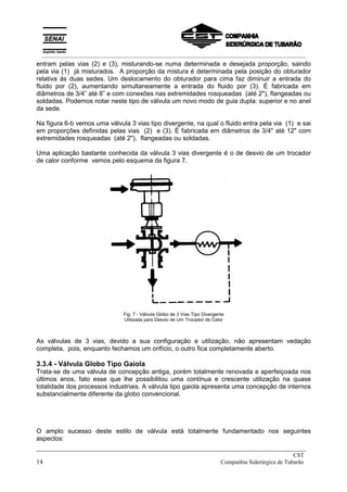 entram pelas vias (2) e (3), misturando-se numa determinada e desejada proporção, saindo
pela via (1) já misturados. A proporção da mistura é determinada pela posição do obturador
relativa às duas sedes. Um deslocamento do obturador para cima faz diminuir a entrada do
fluido por (2), aumentando simultaneamente a entrada do fluido por (3). É fabricada em
diâmetros de 3/4” até 8” e com conexões nas extremidades rosqueadas (até 2"), flangeadas ou
soldadas. Podemos notar neste tipo de válvula um novo modo de guia dupla: superior e no anel
da sede.
Na figura 6-b vemos uma válvula 3 vias tipo divergente, na qual o fluido entra pela via (1) e sai
em proporções definidas pelas vias (2) e (3). É fabricada em diâmetros de 3/4" até 12" com
extremidades rosqueadas (até 2"), flangeadas ou soldadas.
Uma aplicação bastante conhecida da válvula 3 vias divergente é o de desvio de um trocador
de calor conforme vemos pelo esquema da figura 7.
Fig. 7 - Válvula Globo de 3 Vias Tipo Divergente
Utilizada para Desvio de Um Trocador de Calor
As válvulas de 3 vias, devido a sua configuração e utilização, não apresentam vedação
completa, pois, enquanto fechamos um orifício, o outro fica completamente aberto.
3.3.4 - Válvula Globo Tipo Gaiola
Trata-se de uma válvula de concepção antiga, porém totalmente renovada e aperfeiçoada nos
últimos anos, fato esse que lhe possibilitou uma contínua e crescente utilização na quase
totalidade dos processos industriais. A válvula tipo gaiola apresenta uma concepção de internos
substancialmente diferente da globo convencional.
O amplo sucesso deste estilo de válvula está totalmente fundamentado nos seguintes
aspectos:
_____________________________________________________________________________
CST
14 Companhia Siderúrgica de Tubarão
__________________________________________________________________________________________
 