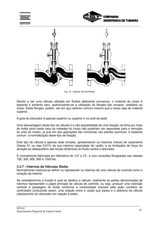 _____________________________________________________________________________
SENAI
Departamento Regional do Espírito Santo 19
Fig. 12 - Válvula Tipo Bi-Partida
Devido a ser uma válvula utilizada em fluidos altamente corrosivos, o material de corpo é
especial e portanto caro, padronizando-se a utilização de flanges tipo encaixe, soldados ao
corpo. Estes flanges, podem ser em aço carbono comum mesmo que o corpo seja de material
superior.
A guia do obturador é apenas superior ou superior e no anel da sede.
Uma desvantagem deste tipo de válvula é a não possibilidade de uma fixação na linha por meio
de solda (pois neste caso as metades do corpo não poderiam ser separadas para a remoção
do anel da modo), já que em tais aplicações tão corrosivas nas plantas químicas, é bastante
comum a normalização deste tipo de fixação.
Este tipo de válvula é apenas sede simples, apresentando os mesmos índices de vazamento
Classe IV, ou seja 0,01% da sua máxima capacidade de vazão, e as limitações de força do
atuação ao desequilíbrio das forças dinâmicas do fluido contra o obturador.
É normalmente fabricada em diâmetros de 1/2” a 12”, e com conexões flangeadas nas classes
150, 300, 600, 900 e 1500 lbs.
3.3.7 - Internos de Válvulas Globo
Normalmente costuma-se definir ou representar os internos de uma válvula de controle como o
coração da mesma.
Se considerarmos a função à qual se destina a válvula, realmente as partes denominadas de
internos representam o papel principal da válvula de controle, ou seja, produzir uma restrição
variável a passagem do fluido conforme a necessidade imposta pela ação corretiva do
controlador produzindo assim, uma relação entre a vazão que passa e a abertura da válvula
(afastamento do obturador em relação à sede).
__________________________________________________________________________________________
 
