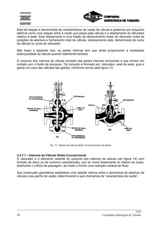 Esta tal relação é denominada de características de vazão da válvula e podemos por enquanto
defini-la como uma relação entre a vazão que passa pela válvula e o afastamento do obturador
relativo à sede. Este afastamento é uma fração de deslocamento linear do obturador entre as
posições de abertura e fechamento total da válvula, deslocamento este, denominado de curso
da válvula ou curso do obturador.
Não fosse o bastante isso, as partes internas tem que ainda proporcionar a necessária
estanqueidade da válvula quando totalmente fechada.
O conjunto dos internos da válvula consiste das partes internas removíveis e que entram em
contato com o fluido de processo. Tal conjunto é formado por: obturador, anel da sede, guia e
gaiola (no caso das válvulas tipo gaiola), conforme vemos pela figura 13.
Fig. 13 - Internos da Válvula Globo: A) Convencional; B) Gaiola
3.3.7.1 - Internos da Válvula Globo Convencional
O obturador é o elemento vedante do conjunto dos internos da válvula (ver figura 14) com
formato de disco ou de contorno caracterizado, que se move linearmente no interior do corpo,
obstruindo o orifício de passagem, de modo a formar uma restrição variável ao fluxo.
Sua construção geométrica estabelece uma relação teórica entre o percentual de abertura da
válvula e seu ganho de vazão, determinando o que chamamos de “característica de vazão”.
_____________________________________________________________________________
CST
20 Companhia Siderúrgica de Tubarão
__________________________________________________________________________________________
 