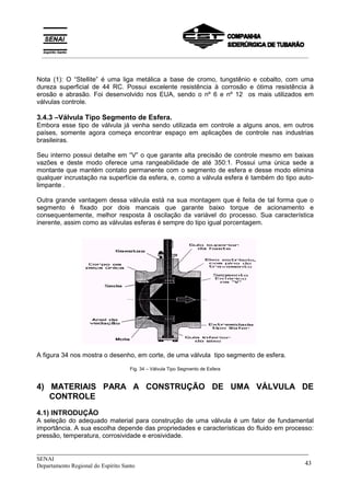_____________________________________________________________________________
SENAI
Departamento Regional do Espírito Santo 43
Nota (1): O “Stellite” é uma liga metálica a base de cromo, tungstênio e cobalto, com uma
dureza superficial de 44 RC. Possui excelente resistência à corrosão e ótima resistência à
erosão e abrasão. Foi desenvolvido nos EUA, sendo o nº 6 e nº 12 os mais utilizados em
válvulas controle.
3.4.3 –Válvula Tipo Segmento de Esfera.
Embora esse tipo de válvula já venha sendo utilizada em controle a alguns anos, em outros
países, somente agora começa encontrar espaço em aplicações de controle nas industrias
brasileiras.
Seu interno possui detalhe em “V” o que garante alta precisão de controle mesmo em baixas
vazões e deste modo oferece uma rangeabilidade de até 350:1. Possui uma única sede a
montante que mantém contato permanente com o segmento de esfera e desse modo elimina
qualquer incrustação na superfície da esfera, e, como a válvula esfera é também do tipo auto-
limpante .
Outra grande vantagem dessa válvula está na sua montagem que é feita de tal forma que o
segmento é fixado por dois mancais que garante baixo torque de acionamento e
consequentemente, melhor resposta ã oscilação da variável do processo. Sua característica
inerente, assim como as válvulas esferas é sempre do tipo igual porcentagem.
A figura 34 nos mostra o desenho, em corte, de uma válvula tipo segmento de esfera.
Fig. 34 – Válvula Tipo Segmento de Esfera
4) MATERIAIS PARA A CONSTRUÇÃO DE UMA VÁLVULA DE
CONTROLE
4.1) INTRODUÇÃO
A seleção do adequado material para construção de uma válvula é um fator de fundamental
importância. A sua escolha depende das propriedades e características do fluido em processo:
pressão, temperatura, corrosividade e erosividade.
__________________________________________________________________________________________
 