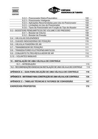 9.2.2 – Posicionador Eletro-Pneumático 102
9.2.3 – Posicionador Inteligente 103
9.2.4 – Aplicações Recomendadas para Uso do Posicionador 104
9.2.5 – Limitações no Uso do Posicionador 106
9.2.6 – Tipos de Posicionador em Função do Tipo de Atuador 106
9.3 – BOOSTERS PENEUMÁTICOS DE VOLUME E DE PRESSÃO 107
9.3.1 – Booster de Volume 108
9.3.2 – Booster de Pressão 108
9.4 – VÁLVULAS SOLENÓIDES 109
9.5 – CHAVES INDICADORAS DE POSIÇÃO 110
9.6 – VÁLVULA FIXADORA DE AR 111
9.7 – TRANSMISSOR DE POSIÇÃO 111
9.8 – TRANSDUTORES ELETROPNEUMÁTICOS 111
9.9 – CONJUNTO FILTRO-REGULADOR DE AR 112
9.10 – VOLANTES MANUAIS 113
10 – INSTALAÇÃO DE UMA VÁLVULA DE CONTROLE
10.1 – INTRODUÇÃO 113
10.2–RECOMENDAÇÕESBÁSICASNAINSTALAÇÃODEUMAVÁLVULADECONTROLE 114
APÊNDICE A – GUIA PARA SELEÇÃO DE UMA VÁLVULA DE CONTROLE 116
APÊNDICEB–MATERIAISPARACONSTRUÇÃODEUMAVÁLVULADECONTROLE 136
APÊNDICE C – TABELAS TÉCNICAS E FATORES DE CONVERSÃO 157
EXERCÍCIOS PROPOSTOS 172
 