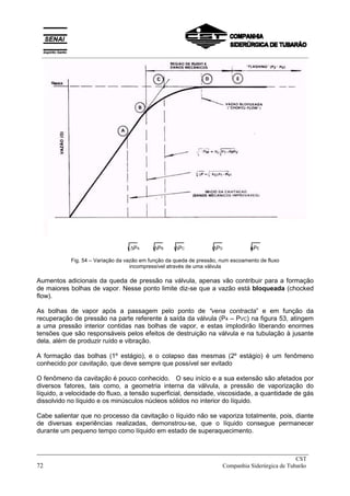 ∆PA ∆PB ∆PC ∆PD ∆PE
Fig. 54 – Variação da vazão em função da queda de pressão, num escoamento de fluxo
incompressível através de uma válvula
Aumentos adicionais da queda de pressão na válvula, apenas vão contribuir para a formação
de maiores bolhas de vapor. Nesse ponto limite diz-se que a vazão está bloqueada (chocked
flow).
As bolhas de vapor após a passagem pelo ponto de “vena contracta” e em função da
recuperação de pressão na parte referente à saída da válvula (P4 – PVC) na figura 53, atingem
a uma pressão interior contidas nas bolhas de vapor, e estas implodirão liberando enormes
tensões que são responsáveis pelos efeitos de destruição na válvula e na tubulação à jusante
dela, além de produzir ruído e vibração.
A formação das bolhas (1º estágio), e o colapso das mesmas (2º estágio) é um fenômeno
conhecido por cavitação, que deve sempre que possível ser evitado
O fenômeno da cavitação é pouco conhecido. O seu início e a sua extensão são afetados por
diversos fatores, tais como, a geometria interna da válvula, a pressão de vaporização do
líquido, a velocidade do fluxo, a tensão superficial, densidade, viscosidade, a quantidade de gás
dissolvido no líquido e os minúsculos núcleos sólidos no interior do líquido.
Cabe salientar que no processo da cavitação o líquido não se vaporiza totalmente, pois, diante
de diversas experiências realizadas, demonstrou-se, que o líquido consegue permanecer
durante um pequeno tempo como líquido em estado de superaquecimento.
_____________________________________________________________________________
CST
72 Companhia Siderúrgica de Tubarão
__________________________________________________________________________________________
 