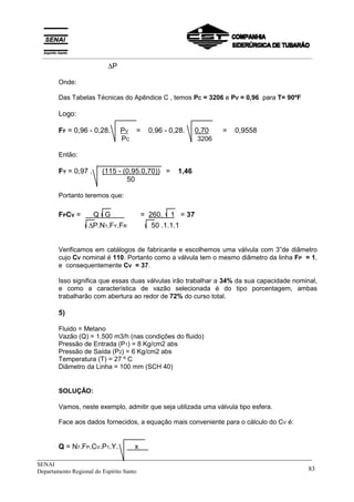 _____________________________________________________________________________
SENAI
Departamento Regional do Espírito Santo 83
∆P
Onde:
Das Tabelas Técnicas do Apêndice C , temos PC = 3206 e PV = 0,96 para T= 90ºF
Logo:
FF = 0,96 - 0,28. PV = 0,96 - 0,28. 0,70 = 0,9558
PC 3206
Então:
FY = 0,97 . (115 - (0,95.0,70)) = 1,46
50
Portanto teremos que:
FPCV =X Q . G = 260. 1 = 37
∆P.N1.FY.FR 50 .1.1.1
Verificamos em catálogos de fabricante e escolhemos uma válvula com 3”de diâmetro
cujo CV nominal é 110. Portanto como a válvula tem o mesmo diâmetro da linha FP = 1,
e consequentemente CV = 37.
Isso significa que essas duas válvulas irão trabalhar a 34% da sua capacidade nominal,
e como a característica de vazão selecionada é do tipo porcentagem, ambas
trabalharão com abertura ao redor de 72% do curso total.
5)
Fluido = Metano
Vazão (Q) = 1.500 m3/h (nas condições do fluido)
Pressão de Entrada (P1) = 8 Kg/cm2 abs
Pressão de Saída (P2) = 6 Kg/cm2 abs
Temperatura (T) = 27 º C
Diâmetro da Linha = 100 mm (SCH 40)
SOLUÇÃO:
Vamos, neste exemplo, admitir que seja utilizada uma válvula tipo esfera.
Face aos dados fornecidos, a equação mais conveniente para o cálculo do CV é:
Q = N7.FP.CV.P1.Y. X x X
__________________________________________________________________________________________
 