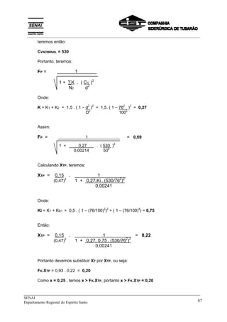 _____________________________________________________________________________
SENAI
Departamento Regional do Espírito Santo 87
teremos então:
CVNOMINAL = 530
Portanto, teremos:
FP = X 1 X
1 + ∑K . ( CV )2
N2 d2
Onde:
K = K1 + K2 = 1,5 . ( 1 – d
2
)
2
= 1,5. ( 1 – 76
2
)
2
= 0,27
D
2
100
2
Assim:
FP = X 1 X == 0,69
1 +X 0,27 X. ( 530 )
2
0,00214 50
2
Calculando XTP, teremos:
XTP = 0,15 .X 1 X
(0,47)
2
1 + 0,27.Ki . (530/762
)2
0,00241
Onde:
Ki = K1 + KB1 = 0,5 . ( 1 – (76/100)
2
)
2
+ ( 1 – (76/100)
4
) = 0,75
Então:
XTP = 0,15 .X 1 X = 0,22
(0,47)
2
1 + 0,27. 0,75 . (530/762
)2
0,00241
Portanto devemos substituir XT por XTP, ou seja:
FK.XTP = 0,93 . 0,22 = 0,20
Como x = 0,25 , temos x > FK.XTP, portanto x > FK.XTP =:0,20
__________________________________________________________________________________________
 