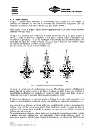 _____________________________________________________________________________
SENAI
Departamento Regional do Espírito Santo 9
3.3.1 -Sede simples
A figura 1 mostra várias montagens da denominada válvula globo tipo sede simples. É
fabricada em diâmetros de 1/2" até 4” conexões das extremidades rosqueadas (até 2”),
flangeadas ou soldadas, nas classes de 150, 300, 600, 1500 e 2500 lb.
Neste tipo de válvula, o fluido no interior de corpo passa através de um único orifício, conforme
podemos notar pela figura 1.
Na figura 1-a, notamos que o obturador é guiado duplamente, isto é, na parte superior e
inferior, e ainda um fato muito importante é que para a válvula fechar, o obturador deve
movimentar-se para baixo. Tal tipo de montagem e denominada de normalmente aberta. Por
outro lado, na figura 1-b, vemos a mesma válvula, só que o obturador está invertido. Neste
caso para a válvula abrir o obturador tem que descer.
Esta é,portanto, uma válvula normalmente fechada.
Fig. 1 - Válvula Globo Convencional Tipo Sede Simples
Na figura 1-c, vemos uma outra sede simples um pouco diferente das anteriores. O obturador é
guiado apenas na parte superior e ao descer a válvula só pode fechar, não existindo a
possibilidade do obturador ser instalado em posição invertida ou por baixo. Essa válvula em
relação ao movimento de obturador de cima para baixo só pode fechar.
O fato de uma válvula ser normalmente aberta eu fechada é um fator muito importante a ser
levado em consideração na escolha da válvula. Isso significa que na posição de descanso, ou
seja, sem força de atuação, a válvula pode ficar completamente aberta ou completamente
fechada. Uma válvula normalmente aberta ficara totalmente aberta em caso de falta de
suprimento de energia para operação do atuador, no caso de uma válvula normalmente
fechada ocorrerá o inverso.
As principais características da válvula globo sede simples são: proporciona uma boa vedação
e possui obturador estaticamente não balanceado. Assim sendo podemos atingir um
vazamento, quando a válvula estiver totalmente fechada de, no máximo ate 0,01% da sua
__________________________________________________________________________________________
 