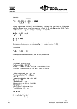Portanto:
FPCV = 20 . 460 . 0,080 = 15,23
63,3 . 1 36
Devido à expansão gasosa, é recomendável a utilização de internos com capacidade
reduzida. Desta forma escolheremos uma válvula de 2” cujo CV nominal é 26. Assim
sendo teremos a seguinte correção em função do fator FP:
N3.CV = 1 . 26 = 6,5
d2
22
d = 2 = 0,66
D 3
Com estes valores vamos no gráfico da fig. 44 e encontraremos FP=1,0
Finalmente:
FP.CV = 1. 26 = 26
A referida válvula vai trabalhar a 58% da sua capacidade.
7)
Fluido = HC líquido + vapor
Vazãolíquido (Qf) = 1525 GPM
Vazãovapor = 4,5% da vazão total (wf) à entrada da válvula
Vazãovapor = 15,8% da vazão total (wf) à saída da válvula.
Pressão de Entrada (P1) = 391 psia
Pressão de Saída (P2) = 205 psia
K = 1,16
Pressão do vapor HC (Pv) = 391 psia
G (líquido) = 0,5
Temperatura (T) = 105 º F
Diâmetro da Linha (D) = 8 “(SCH 40)
G (vapor) = 1,0
Pressão Crítica (Pc) = 592 psia
Peso Molecular (M) = 36,1
SOLUÇÃO:
W = N6.FP.CV.Y. X .P1
ve
_____________________________________________________________________________
CST
90 Companhia Siderúrgica de Tubarão
__________________________________________________________________________________________
 