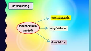 การขาดแร่ธาตุ
ขาดแคลเซียมและ
ฟอสฟอรัส
ร่างกายแคระแกร็น
กระดูกไม่แข็งแรง
เลือดแข็งตัวช้า
 