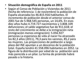 • Situación demográfica de España en 2011
• Según el Censo de Población y Viviendas de 2011
(fecha de referencia: 1 de noviembre) la población de
España alcanzaba los 46.815.916 habitantes. El
incremento de población desde el anterior censo de
2001 fue de 5.968.545 personas, un 14,6%. En esos
diez años hubo 4.719.727 nacimientos y 3.808.109
defunciones; el saldo vegetativo fue de 911.618; el
resto del crecimiento se debe a la inmigración neta
(inmigración menos emigración): 5.056.927
personas.La esperanza de vida al nacer ha alcanzado
los 82,3 años (2011), 79,3 para los varones, 85,2 para
las mujeres. Las proyecciones de población a largo
plazo del INE apuntan a un descenso de la población
total. España tendrá 41.558.096 habitantes en 2052. La
figura de la distribución por edad de su población será
más parecida a un pilar. La forma de pirámide habrá
pasado a la historia.
 
