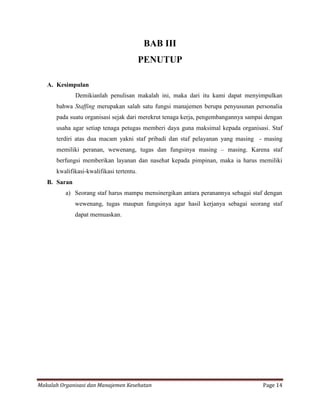 BAB III
                                          PENUTUP

   A. Kesimpulan
              Demikianlah penulisan makalah ini, maka dari itu kami dapat menyimpulkan
      bahwa Staffing merupakan salah satu fungsi manajemen berupa penyusunan personalia
      pada suatu organisasi sejak dari merekrut tenaga kerja, pengembangannya sampai dengan
      usaha agar setiap tenaga petugas memberi daya guna maksimal kepada organisasi. Staf
      terdiri atas dua macam yakni staf pribadi dan staf pelayanan yang masing - masing
      memiliki peranan, wewenang, tugas dan fungsinya masing – masing. Karena staf
      berfungsi memberikan layanan dan nasehat kepada pimpinan, maka ia harus memiliki
      kwalifikasi-kwalifikasi tertentu.
   B. Saran
          a) Seorang staf harus mampu mensinergikan antara peranannya sebagai staf dengan
              wewenang, tugas maupun fungsinya agar hasil kerjanya sebagai seorang staf
              dapat memuaskan.




Makalah Organisasi dan Manajemen Kesehatan                                         Page 14
 